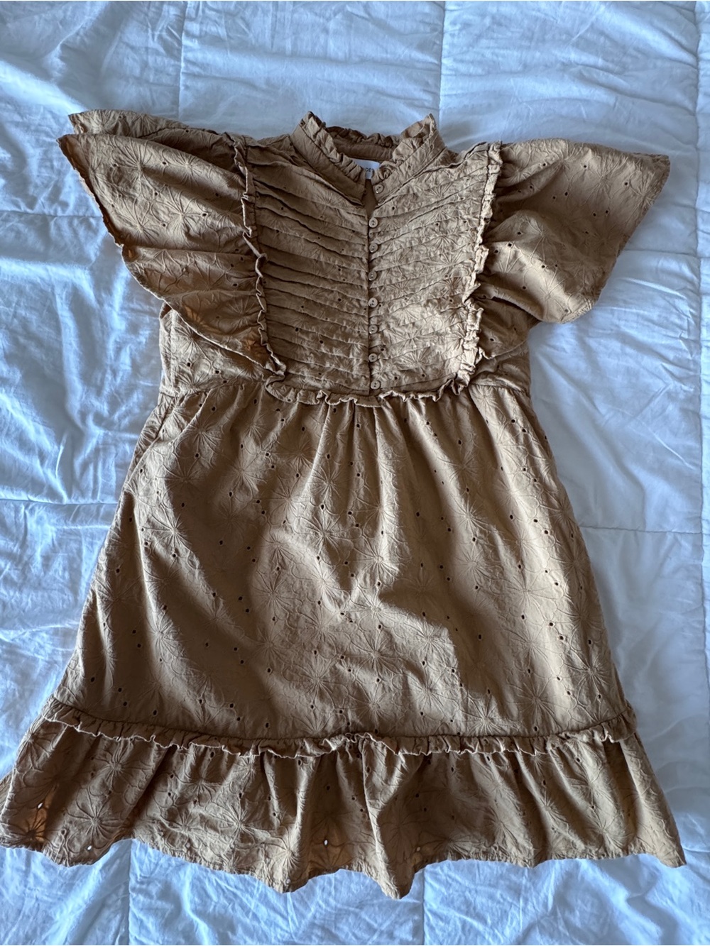 Lost + Wander Desert Flower Mini Dress Tan Eyelet Cotton Size S Ruffle - Picture 6 of 12